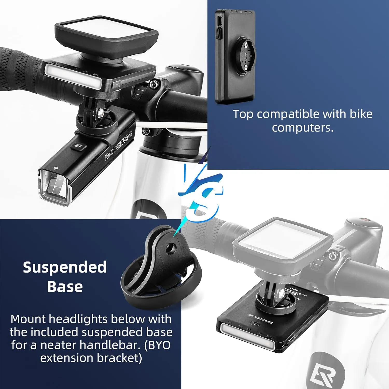 ROCKBROS Bike Mount Compatible with Cycling Computer, 10000mAh/ 5000mAh Type-C Recharge Bike Light