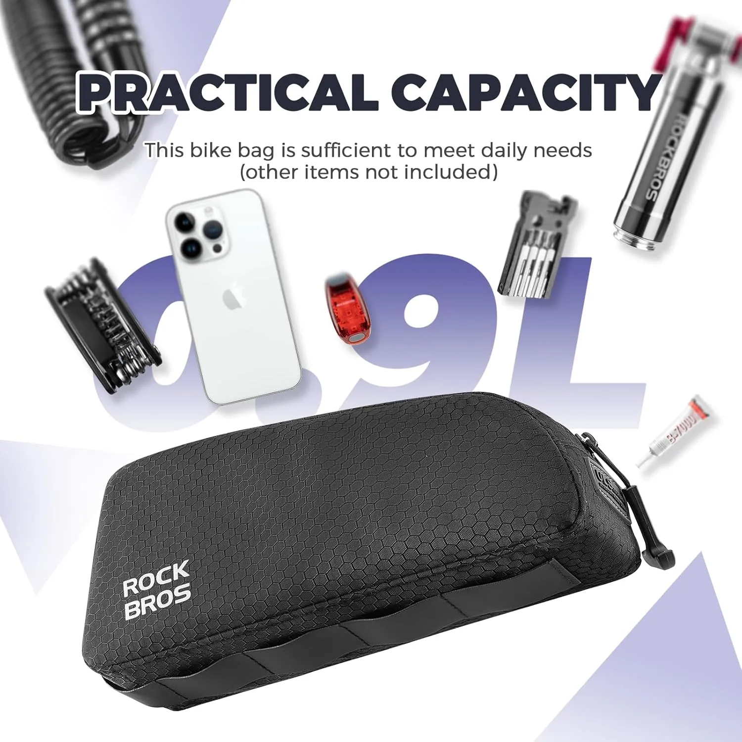 ROCKBROS Bike Top Tube Bag - Waterproof Front Frame Bag Pouch Pack for Mountain & Road Bike - Large Grip Black