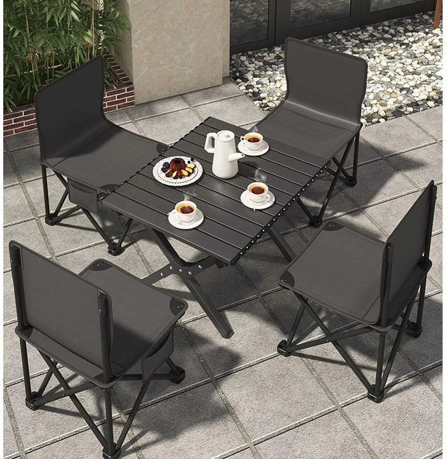 RUANLOV Small Folding Camping Table with Aluminum Table Top, Folding Table Roll Up Lightweight Foldable Table, Portable Table Camp Table (A 90cm with 4 Chairs)