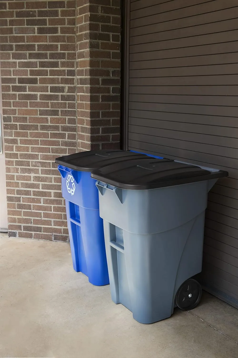 Rubbermaid Commercial Products BRUTE Rollout Heavy-Duty Wheeled Recycling Can/Bin, 50-Gallon, Blue Recycling, for Restaurants/Hospitals/Offices/Warehouses/Garage, Pack of 2