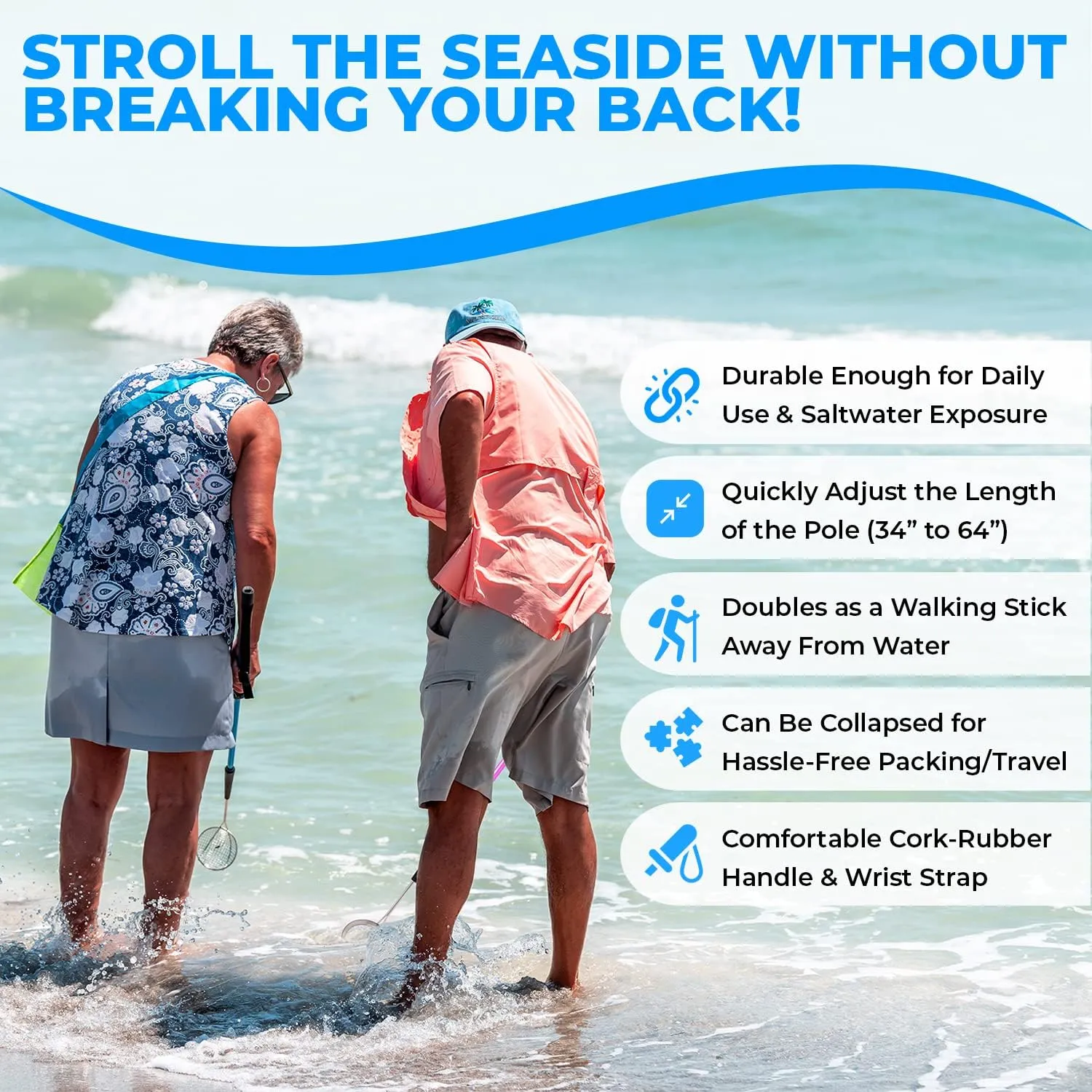 Sand Dipper Full Size Beach Scoop Shovel & Sifter Tool for Beachcombing – Adjustable Sea Glass, Shell, Shark Tooth Sifter for The Beach – Can Be Used as a Walking or Hiking Stick Too –6” Basket