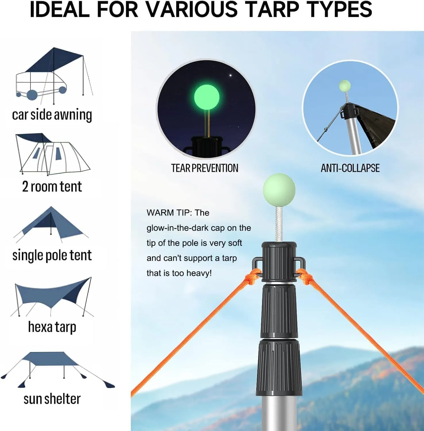 SANLIKE Tarp Poles Telescoping Tent Poles, 96" Aluminum Canopy Poles Extendable Pole for Awning Shelter Camping Backpacking Hiking Picnic, Set of 4, Silver