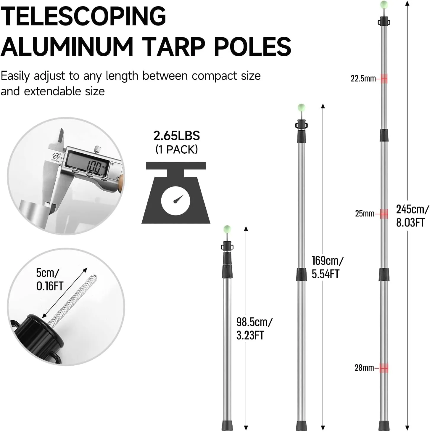 SANLIKE Tarp Poles Telescoping Tent Poles, 96" Aluminum Canopy Poles Extendable Pole for Awning Shelter Camping Backpacking Hiking Picnic, Set of 4, Silver