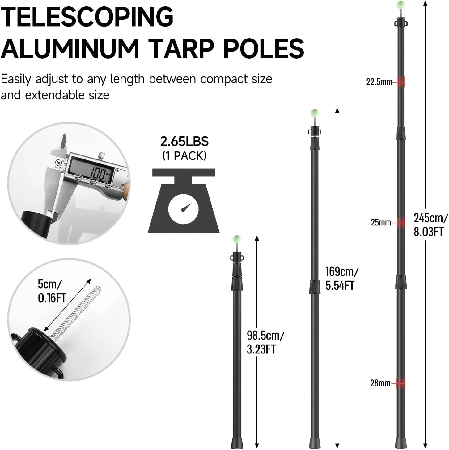 SANLIKE Telescoping Tarp Poles Tent Poles, 96"" Aluminum Canopy Poles Extendable Pole with Tent Stakes and Guy Lines for Awning Shelter Camping Backpacking Hiking Picnic, Set of 4, Black