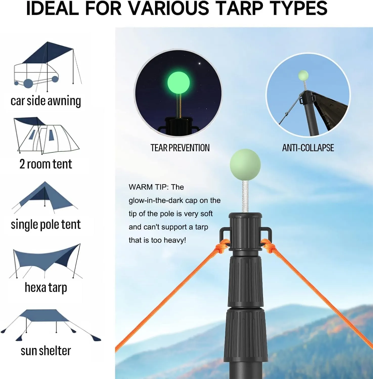 SANLIKE Telescoping Tarp Poles Tent Poles, 96"" Aluminum Canopy Poles Extendable Pole with Tent Stakes and Guy Lines for Awning Shelter Camping Backpacking Hiking Picnic, Set of 4, Black