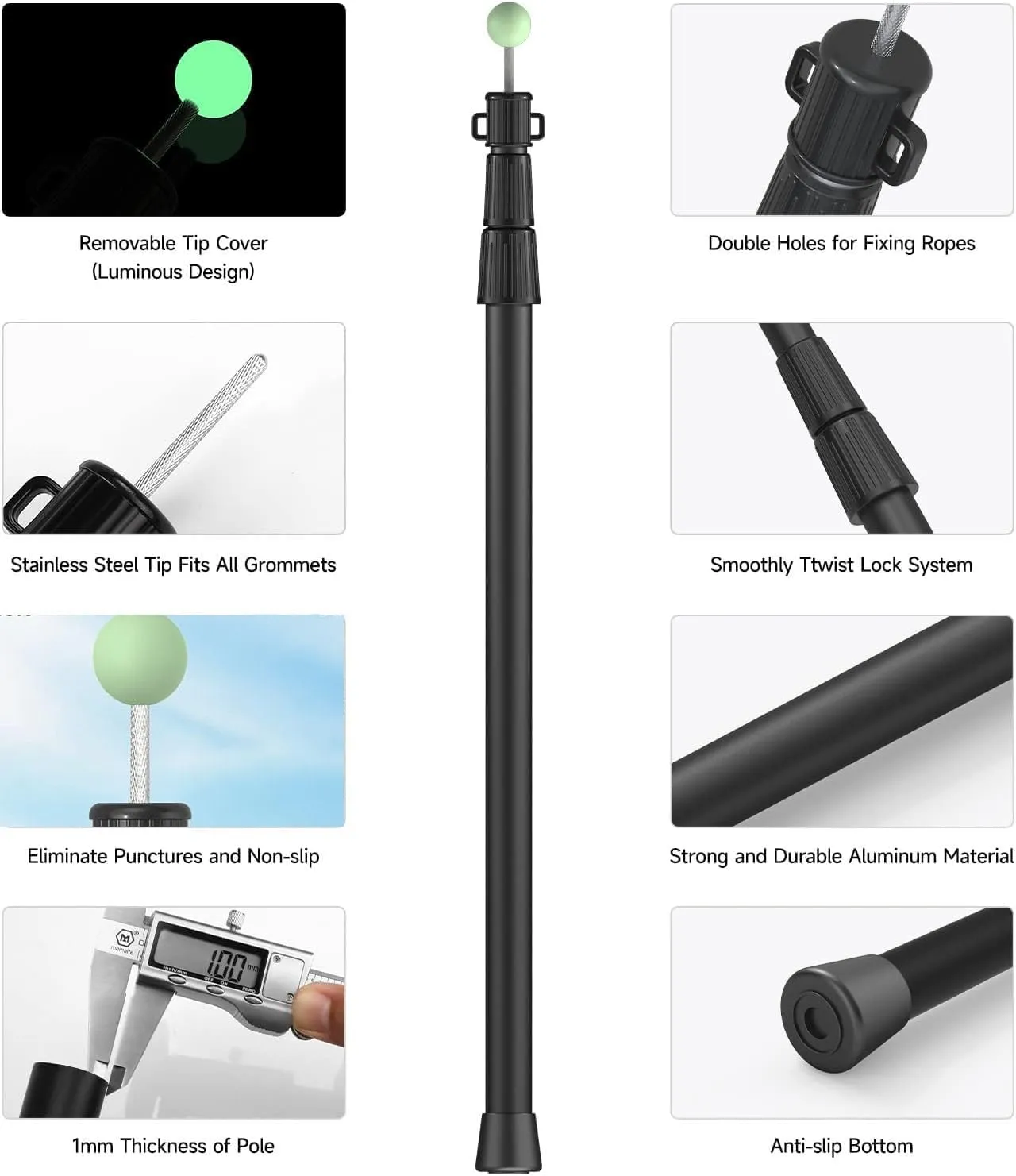 SANLIKE Telescoping Tarp Poles Tent Poles, 96"" Aluminum Canopy Poles Extendable Pole with Tent Stakes and Guy Lines for Awning Shelter Camping Backpacking Hiking Picnic, Set of 4, Black
