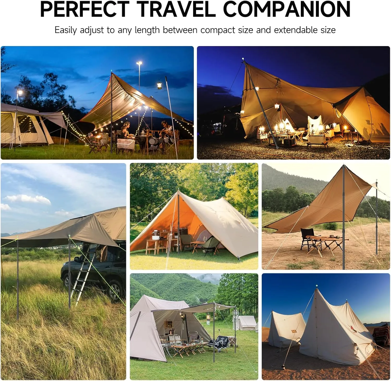 SANLIKE Telescoping Tarp Poles Tent Poles, 96"" Aluminum Canopy Poles Extendable Pole with Tent Stakes and Guy Lines for Awning Shelter Camping Backpacking Hiking Picnic, Set of 4, Black