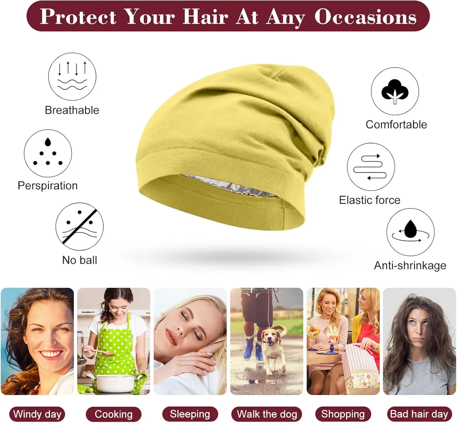 SATINIOR 6 Pieces Satin Lined Sleep Cap Slouchy Skull Beanie Hat Night Hair Cap Headwear Head Wrap for Curly Hair Women Girl
