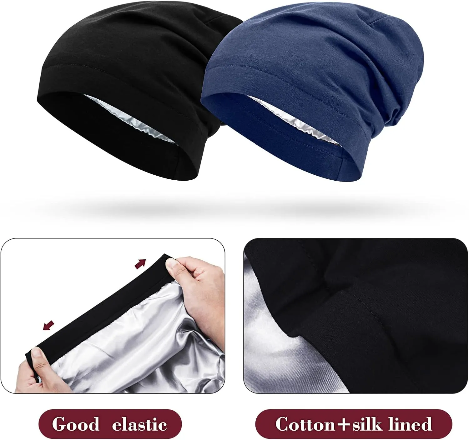 SATINIOR 6 Pieces Satin Lined Sleep Cap Slouchy Skull Beanie Hat Night Hair Cap Headwear Head Wrap for Curly Hair Women Girl