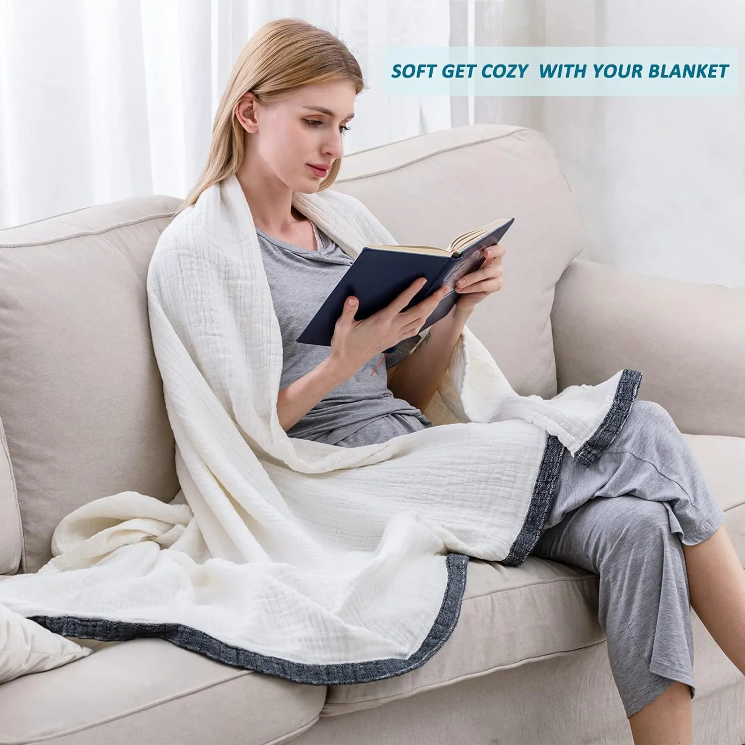SE SOFTEXLY Muslin Cotton Blanket,100% Cotton Throw Blankets for Couch Bed,4-Layer Gauze Breathable Blanket for All Season,Soft and Lightweight Muslin Blankets Full/Queen Size(80"x90", Cream White)