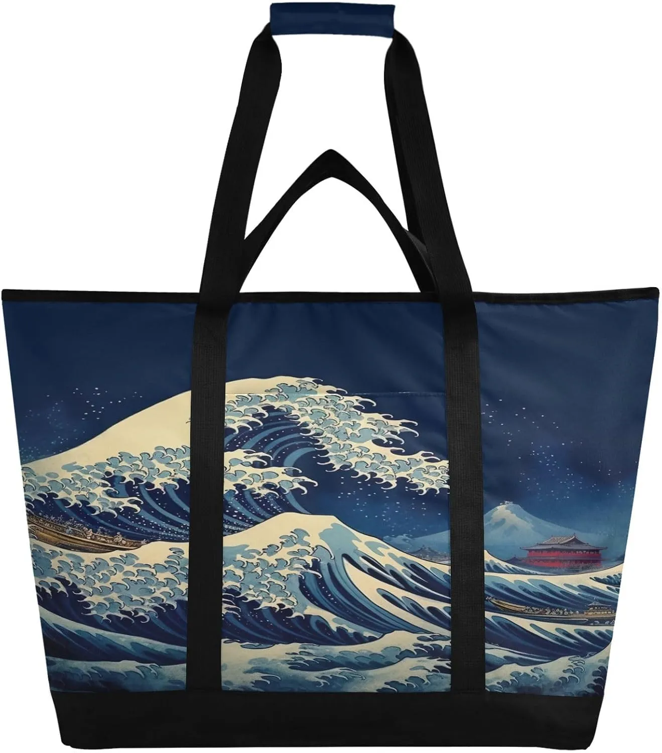 Sea Wave Reusable Insulated Lunchbox Cooler Bag, Leakproof Kitchen Grocery Bag Collapsible Portable Cooler Tote Bag for Picnic, Camping, Office, Travel