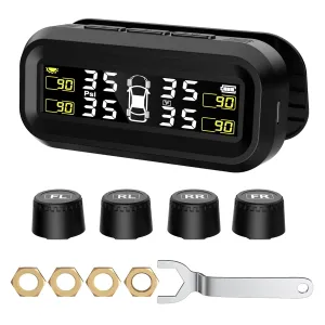 SEACOT Solar TPMS Tire Pressure Monitoring System - Professional Edition (0-87 PSI), 4 Sensors, Solar and USB Charging, LCD Display, 6 Alarm Modes, Suitable for Car, RV, SUV, MPV, and Sedans