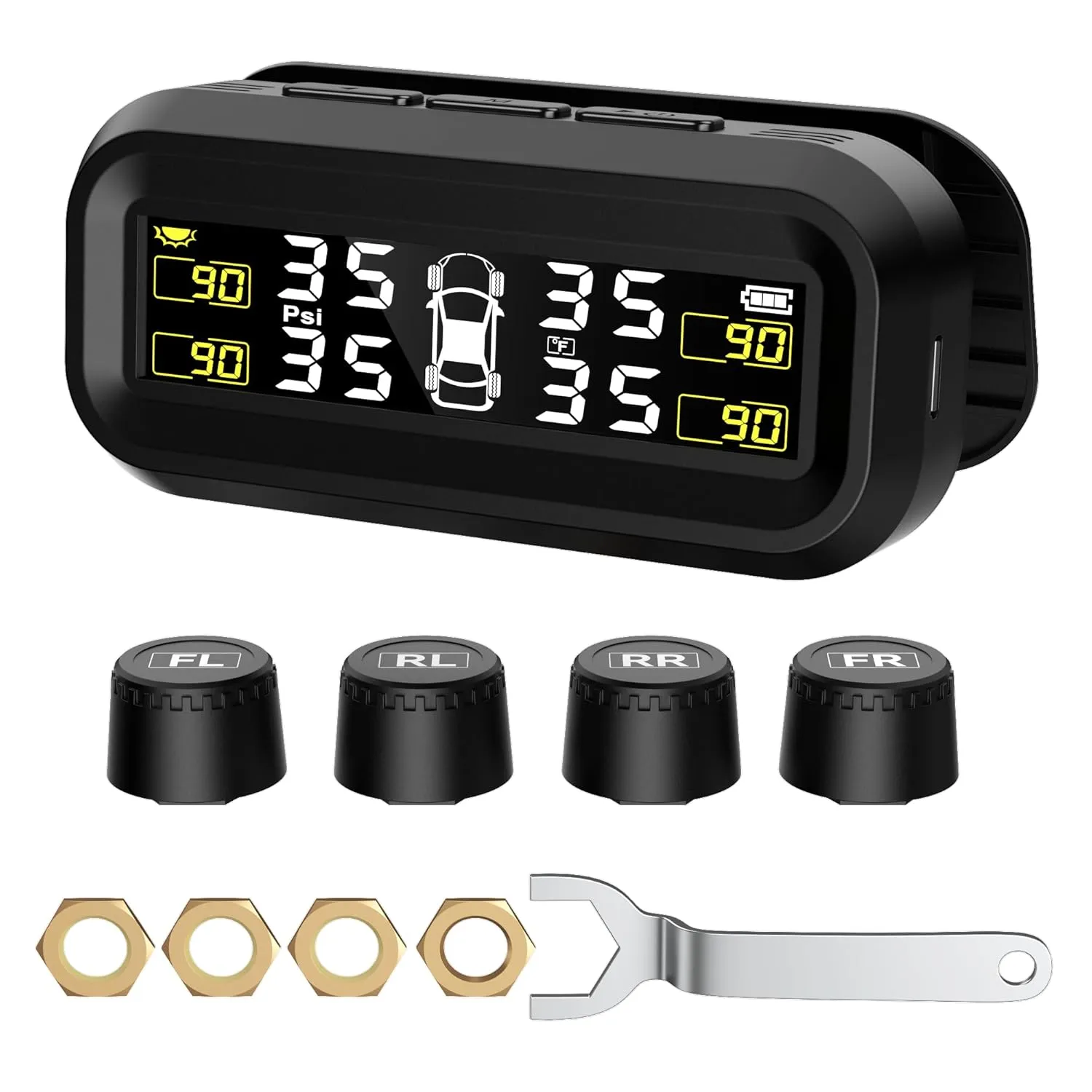 SEACOT Solar TPMS Tire Pressure Monitoring System - Professional Edition (0-87 PSI), 4 Sensors, Solar and USB Charging, LCD Display, 6 Alarm Modes, Suitable for Car, RV, SUV, MPV, and Sedans
