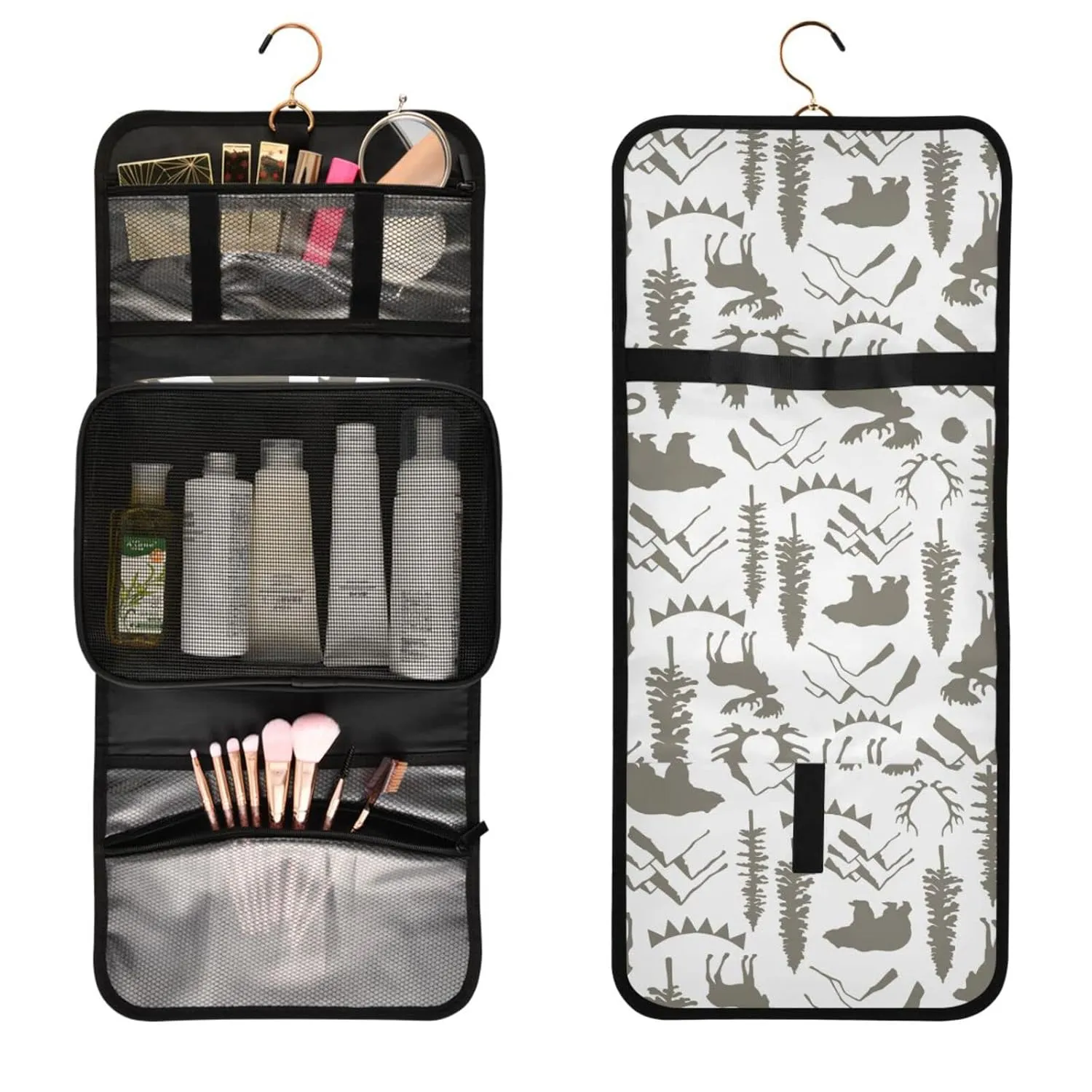 Seamless Forest Hedgehogs Herbs with Flowers Green Leaves Snails 1 PC Hanging Toiletry Wash bag Portable Makeup Organizer Brush Storage Case Portable Travel Cosmetic with Hook