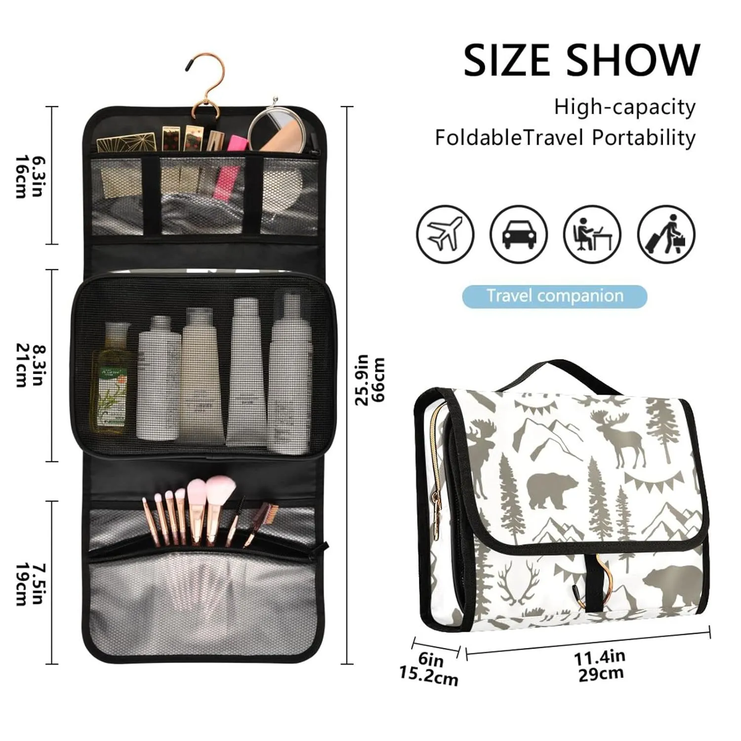 Seamless Forest Hedgehogs Herbs with Flowers Green Leaves Snails 1 PC Hanging Toiletry Wash bag Portable Makeup Organizer Brush Storage Case Portable Travel Cosmetic with Hook