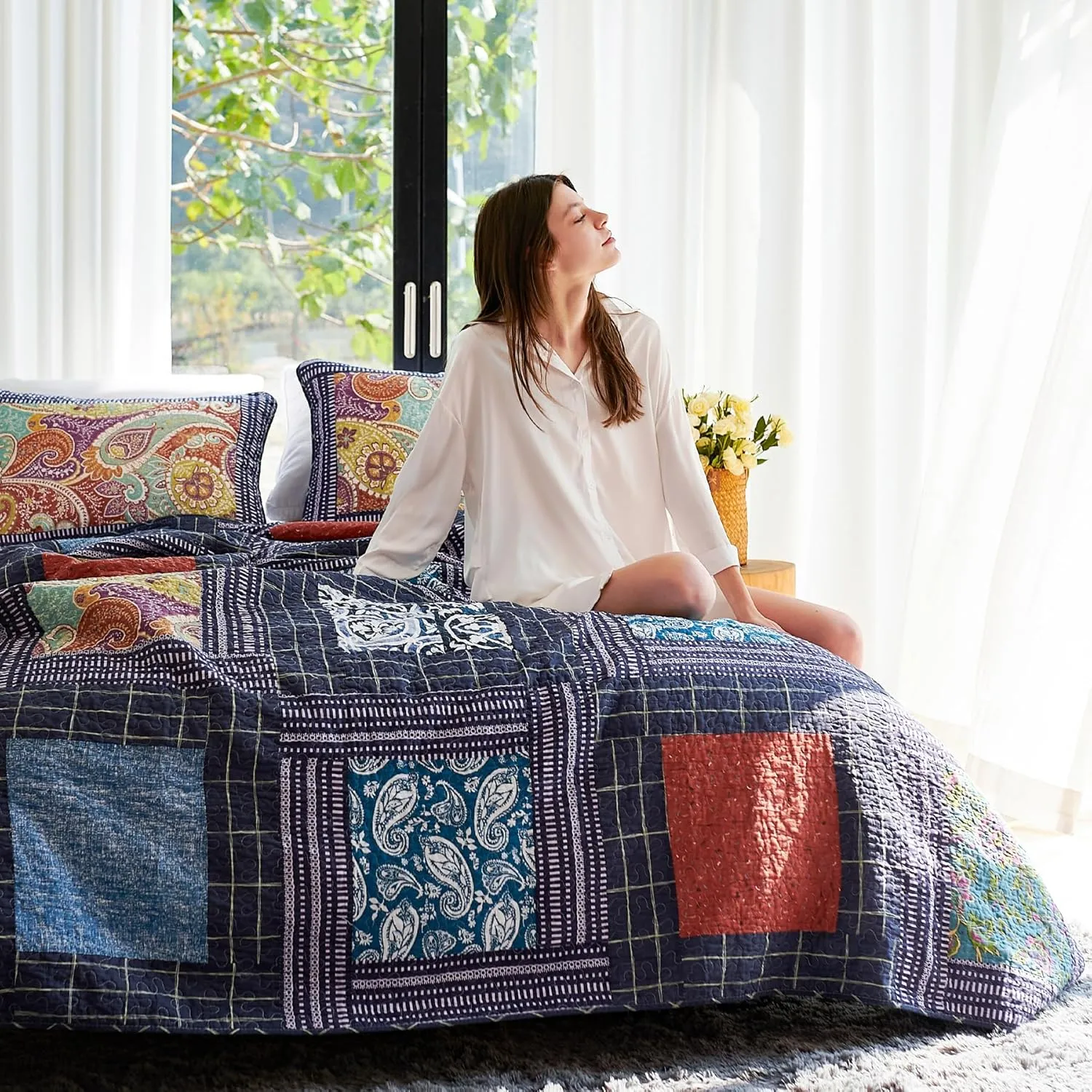 Secgo Queen Comforter Set for Bed - 100% Cotton Quilts Queen Size, Black Bedspreads (90 * 98 Inch) with 2 Pillow Shams, Patchwork Reversible Lightweight Bedding