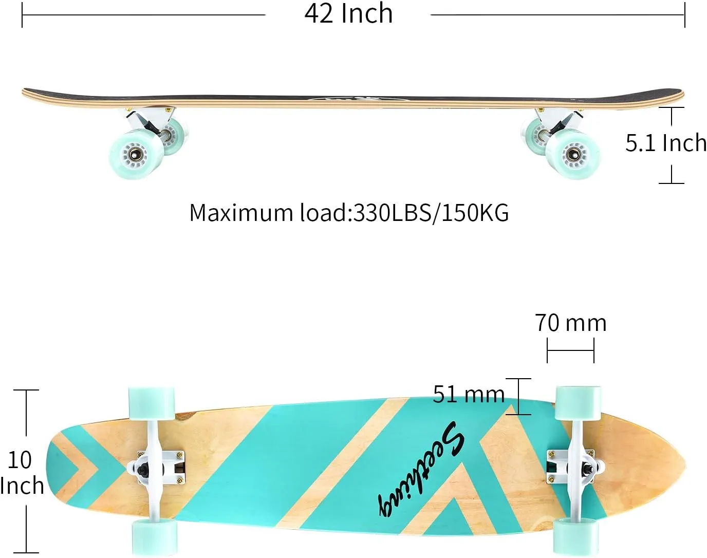 seething 42 Inch Longboard Skateboard Complete Cruiser Pintail,The Original Artisan Maple Skateboard Cruiser Pintail for Cruising, Carving, Free-Style and Downhill
