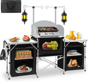 Seeutek Camping Kitchen Table Aluminum Portable Outdoor Cooking Table Foldable Camp Table with Windscreen and 3 Storage Cupboards Multifunctional for BBQ, Party & Outdoor Activities