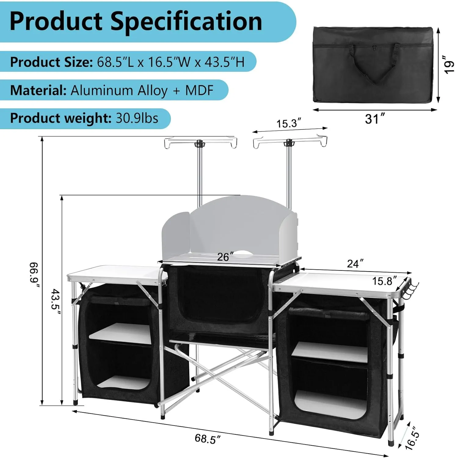 Seeutek Camping Kitchen Table Aluminum Portable Outdoor Cooking Table Foldable Camp Table with Windscreen and 3 Storage Cupboards Multifunctional for BBQ, Party & Outdoor Activities