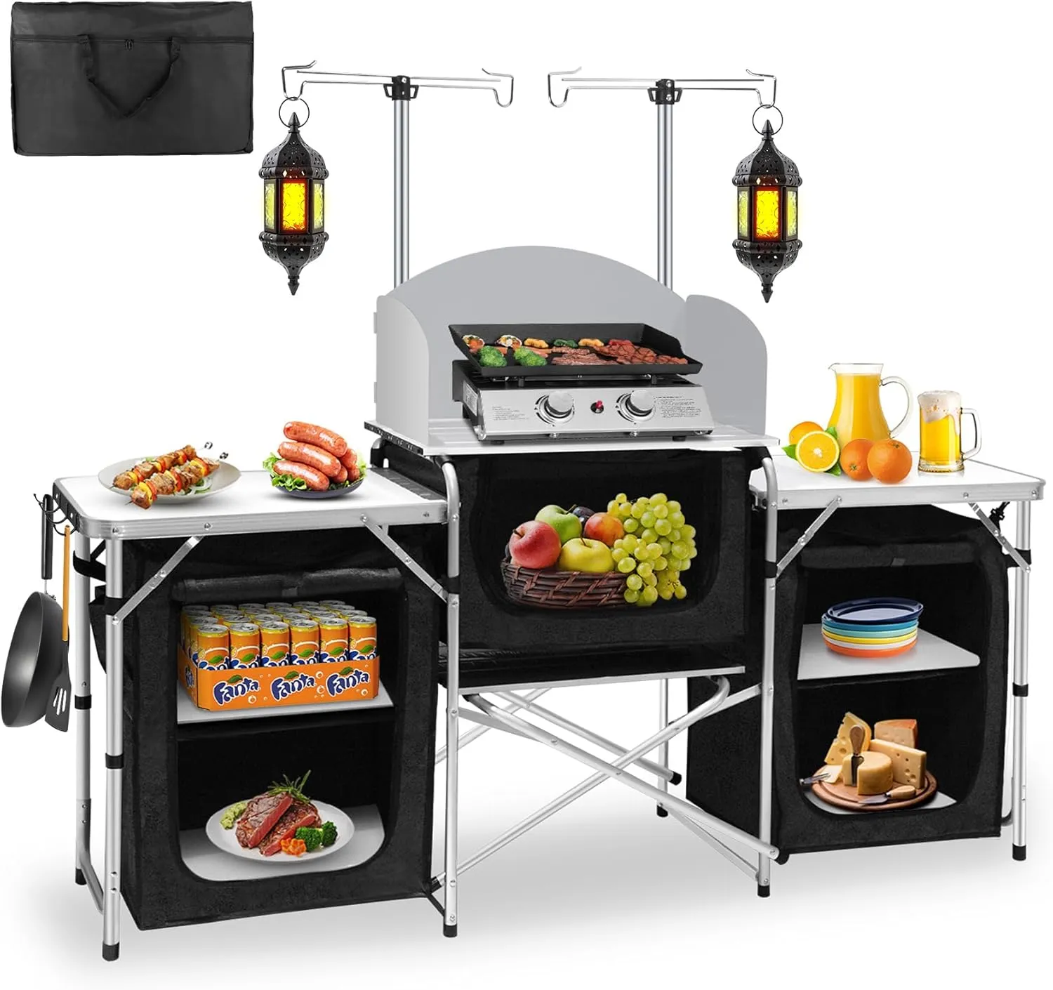 Seeutek Camping Kitchen Table Aluminum Portable Outdoor Cooking Table Foldable Camp Table with Windscreen and 3 Storage Cupboards Multifunctional for BBQ, Party & Outdoor Activities
