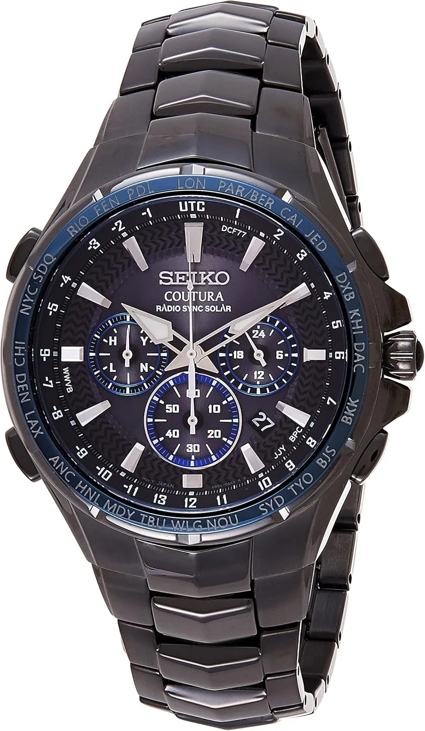 SEIKO SSG010 Watch for Men - Coutura Collection - Radio Sync Solar Chronograph, Two-Tone Stainless Steel Case & Bracelet, Black Dial with Lumibrite Hands & Markers, and Date Calendar