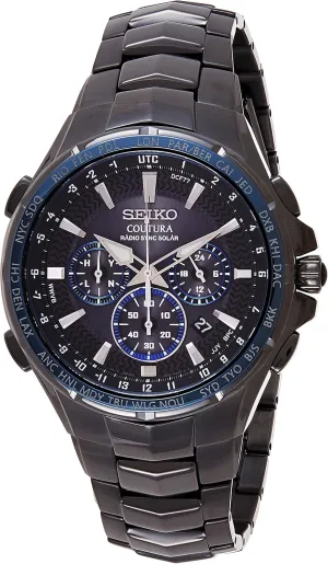 SEIKO SSG010 Watch for Men - Coutura Collection - Radio Sync Solar Chronograph, Two-Tone Stainless Steel Case & Bracelet, Black Dial with Lumibrite Hands & Markers, and Date Calendar