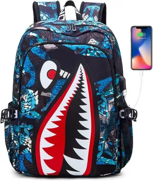 SharkZone Waterproof Backpack with USB Charging Port - 17-Inch Trendy Shark Design for Daily Use & Outdoor Adventures (blue)