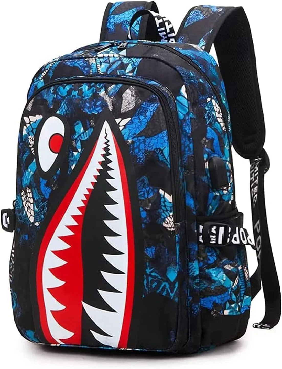 SharkZone Waterproof Backpack with USB Charging Port - 17-Inch Trendy Shark Design for Daily Use & Outdoor Adventures (blue)