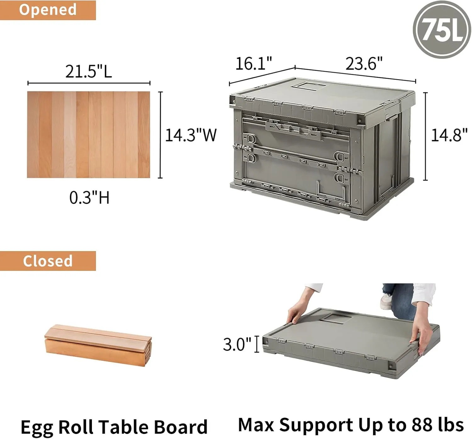 SHIMOYAMA Folding Storage Camping Box with Wooden Egg Roll Table Board, 75L Storage Bin, Trunk Organizer for Outdoor Picnic, Car, Celadon Green