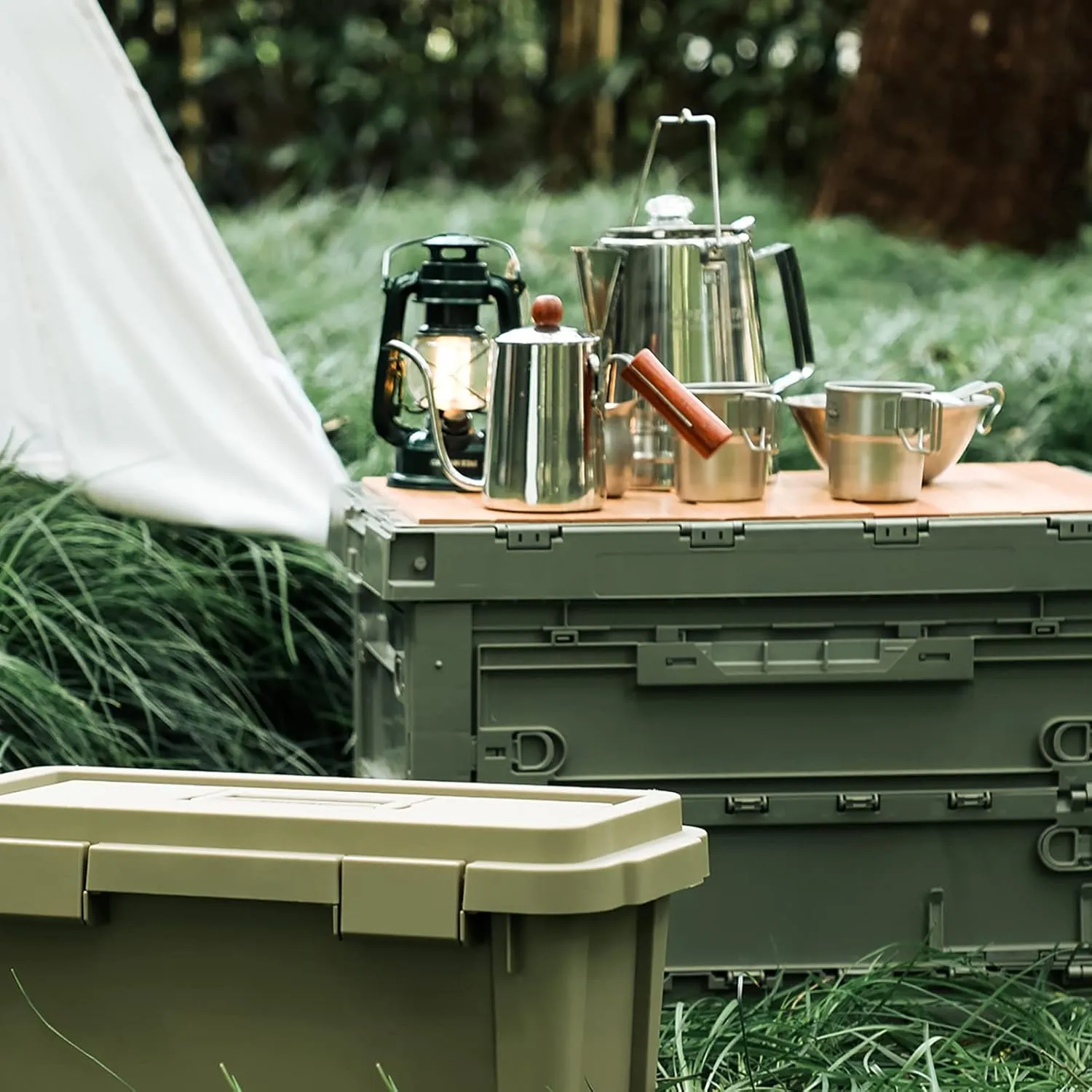SHIMOYAMA Folding Storage Camping Box with Wooden Egg Roll Table Board, 75L Storage Bin, Trunk Organizer for Outdoor Picnic, Car, Celadon Green
