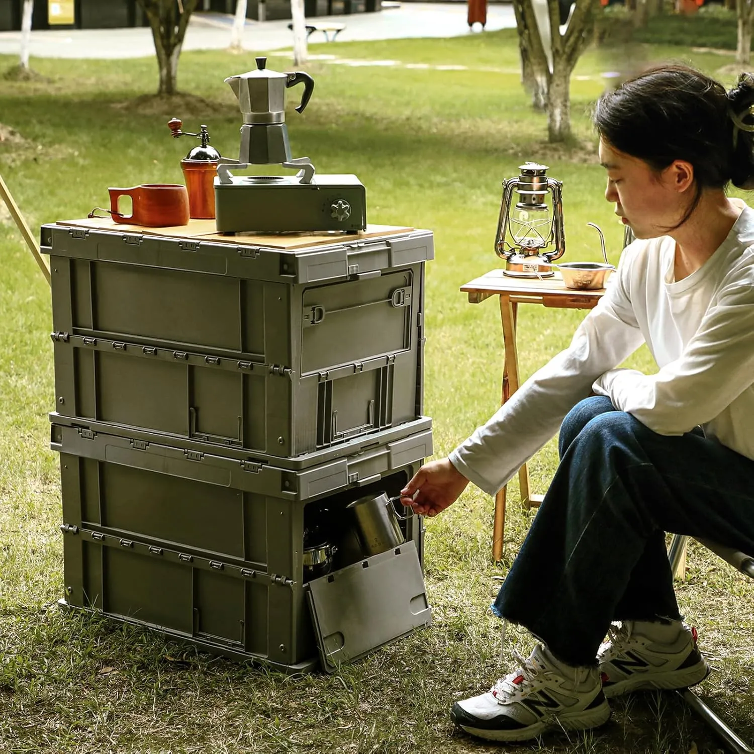 SHIMOYAMA Folding Storage Camping Box with Wooden Egg Roll Table Board, 75L Storage Bin, Trunk Organizer for Outdoor Picnic, Car, Celadon Green