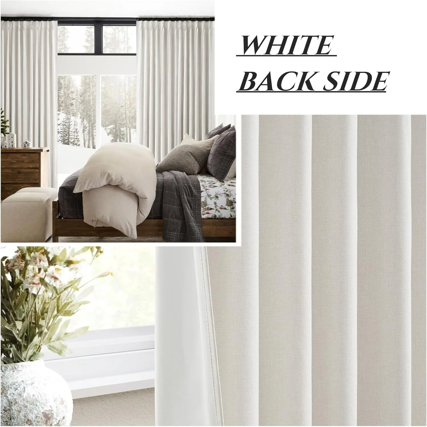Short Linen Blackout Curtains for Bay Windows 45 Inch Length Bedroom/Living Room/Bathroom, Heat Blocking Cute 45 Inches Long 2 Panels Set, Birch Cream Ivory Drapes (40"x45"x2 Back Tab/Pinch Pleated)