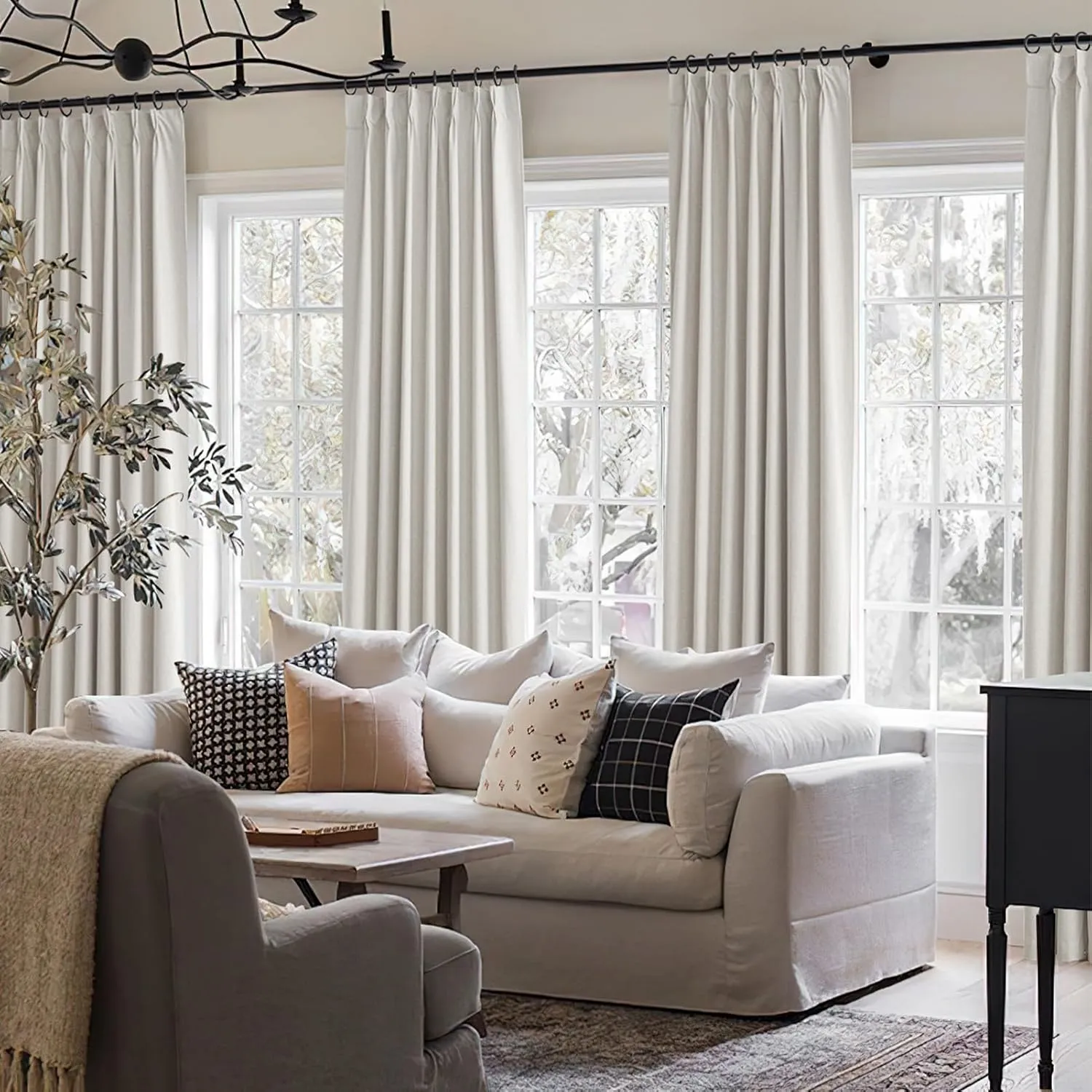 Short Linen Blackout Curtains for Bay Windows 45 Inch Length Bedroom/Living Room/Bathroom, Heat Blocking Cute 45 Inches Long 2 Panels Set, Birch Cream Ivory Drapes (40"x45"x2 Back Tab/Pinch Pleated)