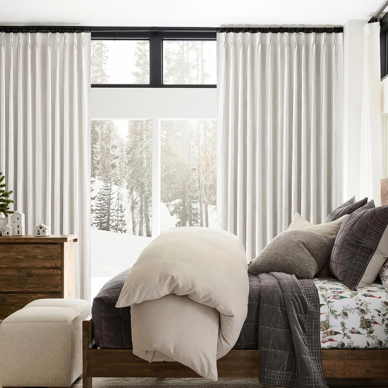 Short Linen Blackout Curtains for Bay Windows 45 Inch Length Bedroom/Living Room/Bathroom, Heat Blocking Cute 45 Inches Long 2 Panels Set, Birch Cream Ivory Drapes (40"x45"x2 Back Tab/Pinch Pleated)