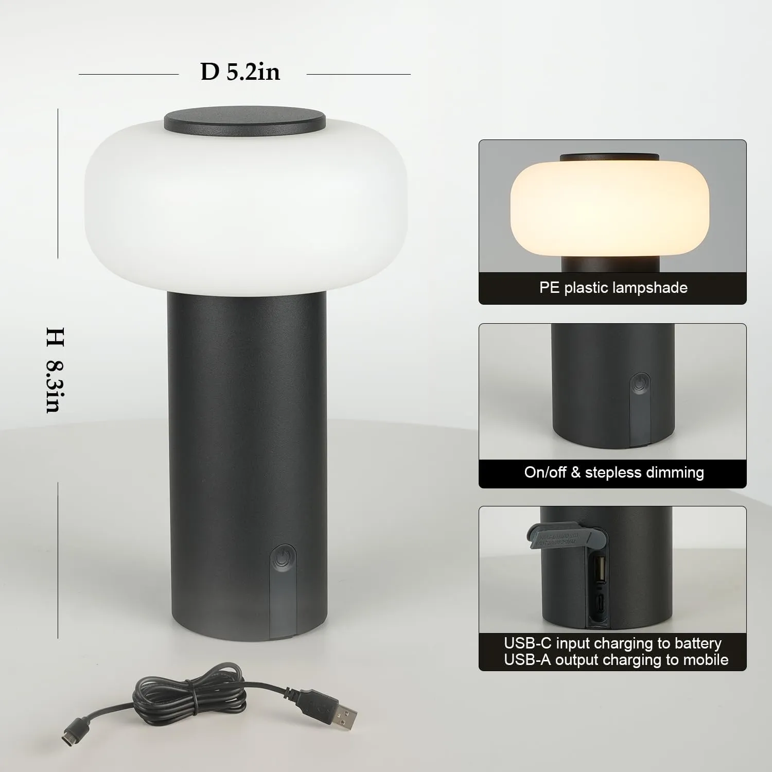 Shower Lamp Waterproof, Outdoor Cordless Table Lamp Rechargeable, Portable Battery Operated Lamp, Touch Dimmable Night Light for Bedroom/Patio/Dinning/Camping (Black)