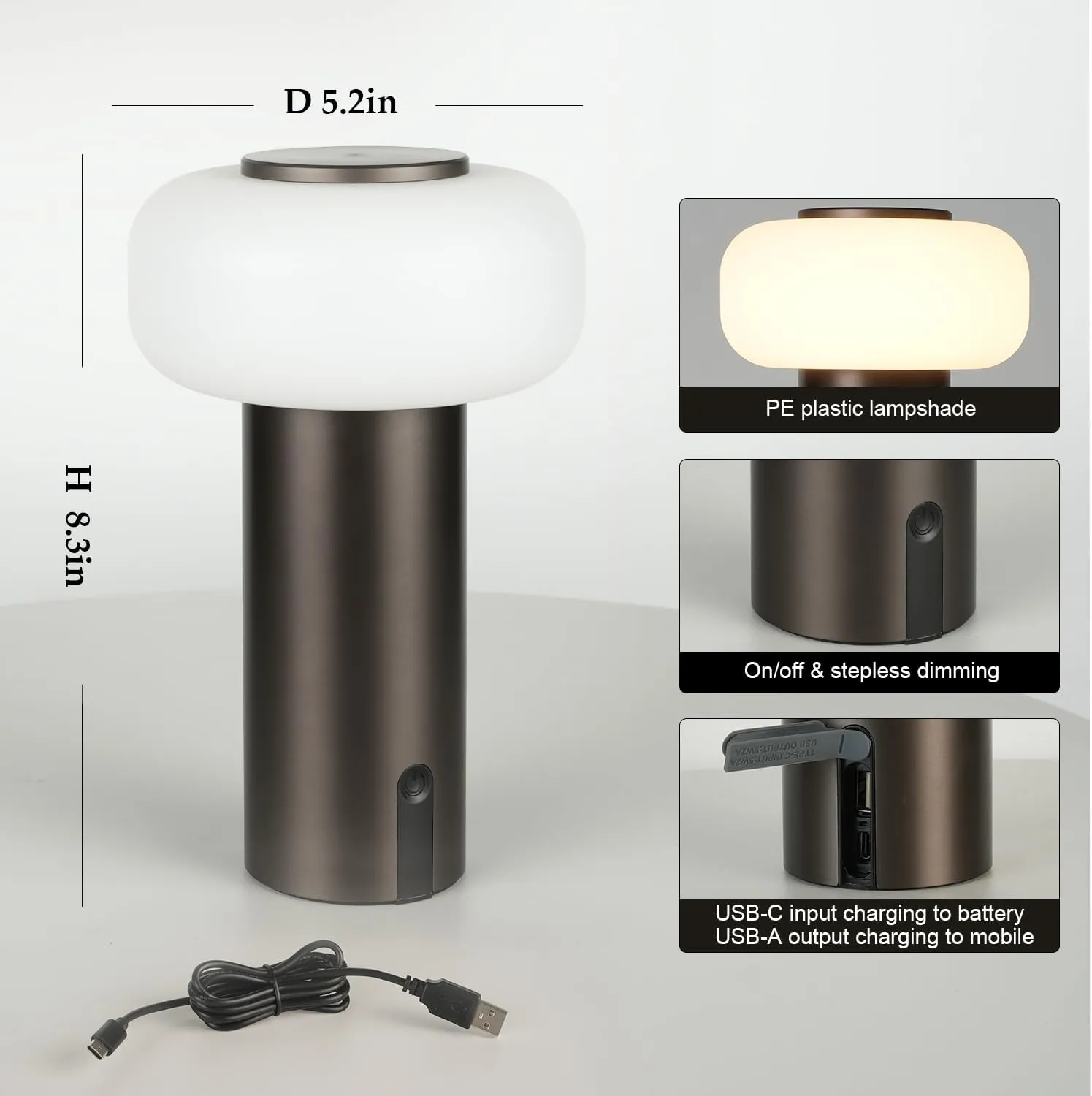 Shower Lamp Waterproof, Outdoor Cordless Table Lamp Rechargeable, Portable Battery Operated Lamp, Touch Dimmable Night Light for Bedroom/Patio/Dinning/Camping (Brown)