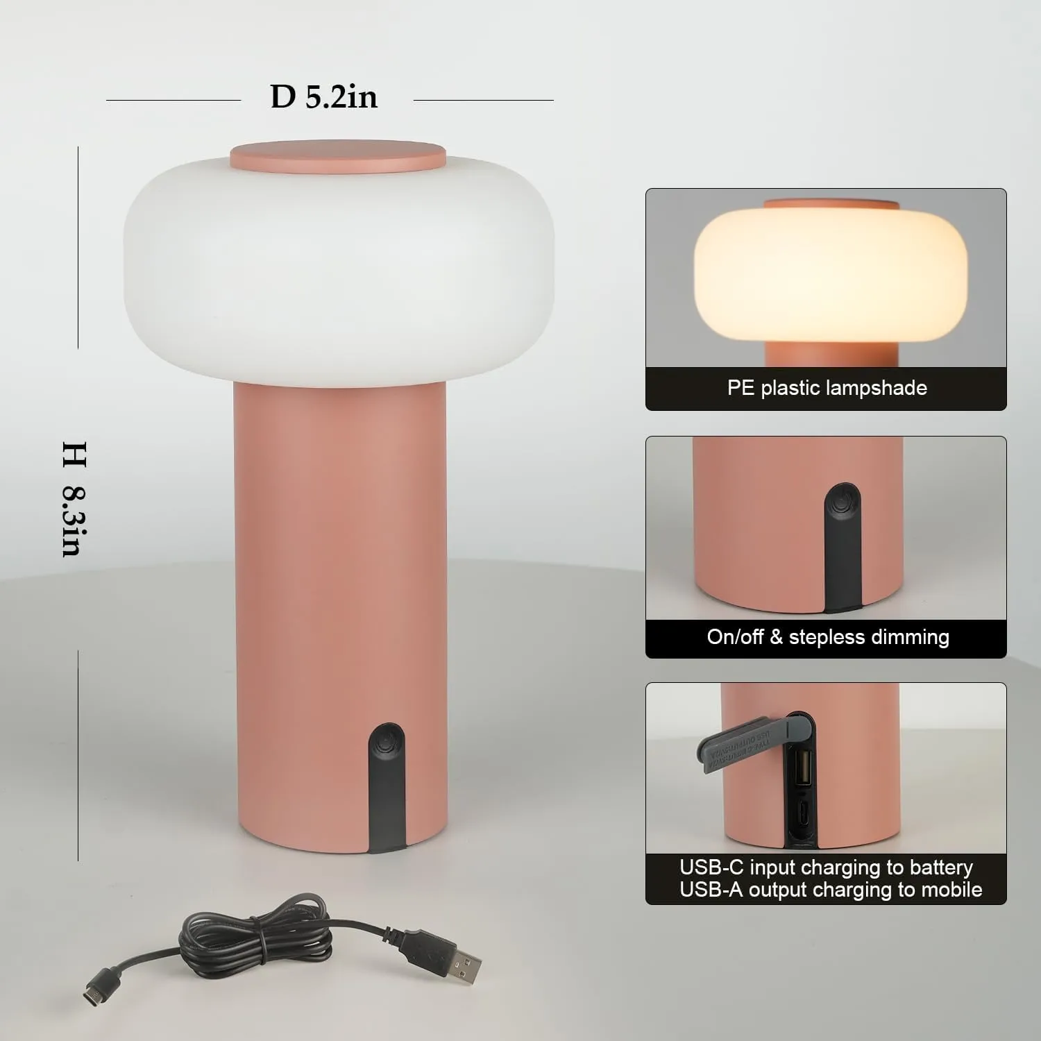 Shower Lamp Waterproof, Outdoor Cordless Table Lamp Rechargeable, Portable Battery Operated Light, Touch Dimmable Night Light for Bedroom/Patio/Dinning/Camping (Pink)