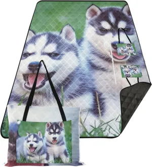 Siberian Husky Puppies Grass no Sand Beach Blanket Waterproof, Print Kids Camping Mat for Grass Foldable Mat Picnic Blanket, 80" x 60"