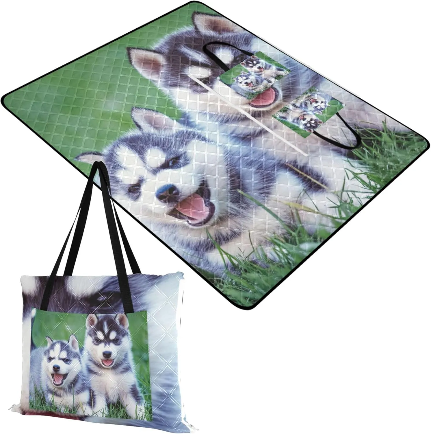Siberian Husky Puppies Grass no Sand Beach Blanket Waterproof, Print Kids Camping Mat for Grass Foldable Mat Picnic Blanket, 80" x 60"