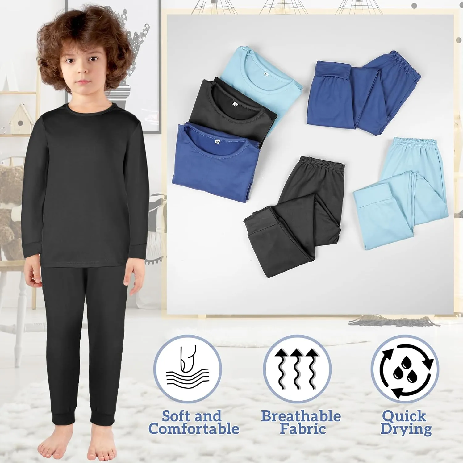 Silkfly 3 Sets 12M-12Y Kid Boys Girls Thermal Underwear Set Fleece Lined Long Winter Johns Base Layer Thermal Top and Bottom
