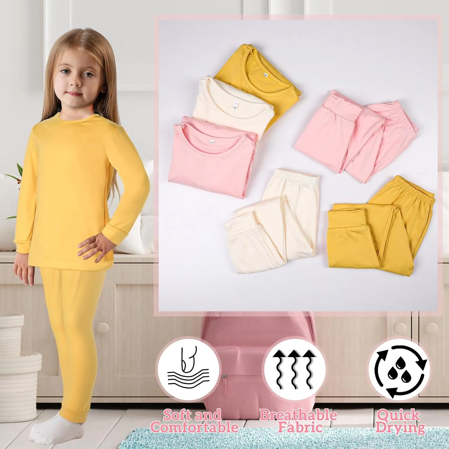 Silkfly 3 Sets 12M-12Y Kid Boys Girls Thermal Underwear Set Fleece Lined Long Winter Johns Base Layer Thermal Top and Bottom
