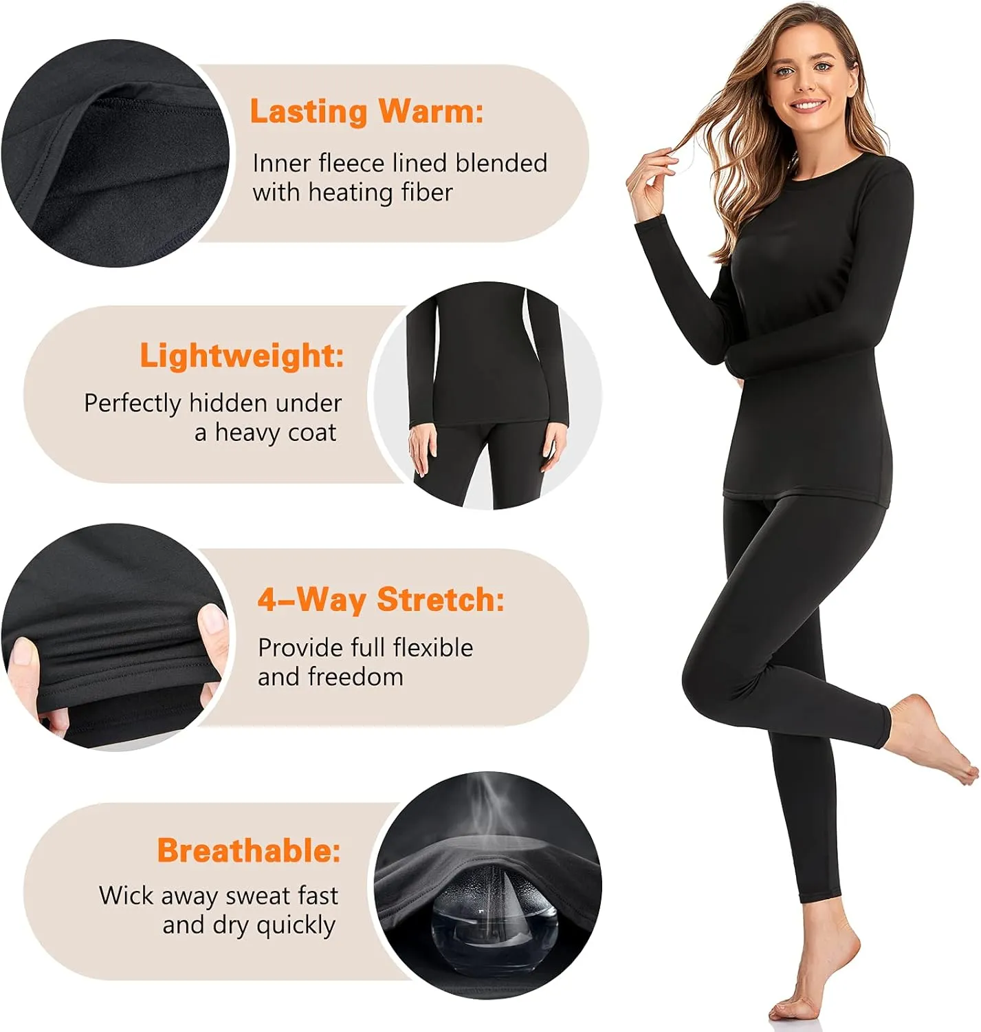 SIMIYA Thermal Underwear Set for Women Long Johns with Fleece Lined Long Sleeves Base Layer Set Top Bottom