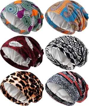 Sintege 6 Pcs Satin Lined Bonnet Sleep Cap for Women Men African Silk Soft Beanie Hair Sleep Wrap for Natural Curly Braids