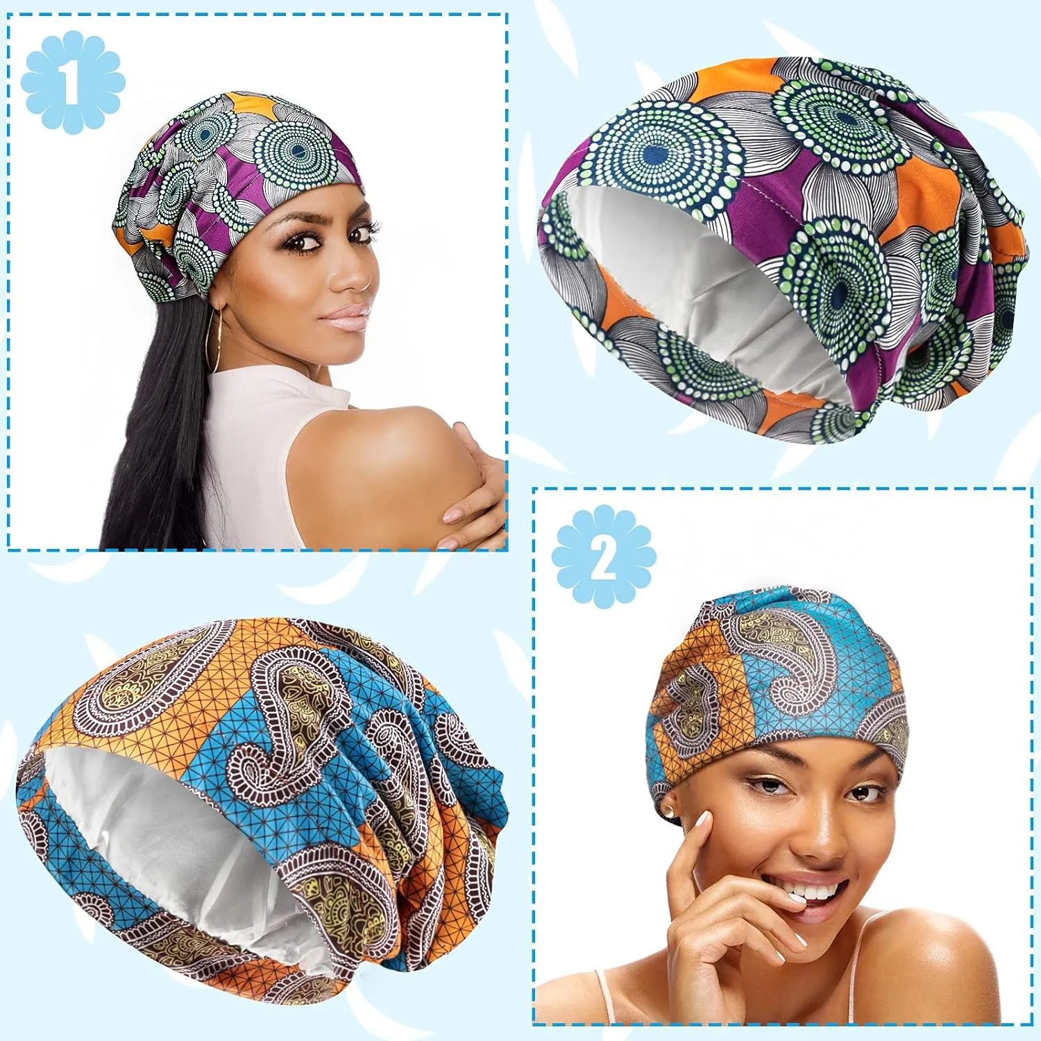 Sintege 6 Pcs Satin Lined Bonnet Sleep Cap for Women Men African Silk Soft Beanie Hair Sleep Wrap for Natural Curly Braids