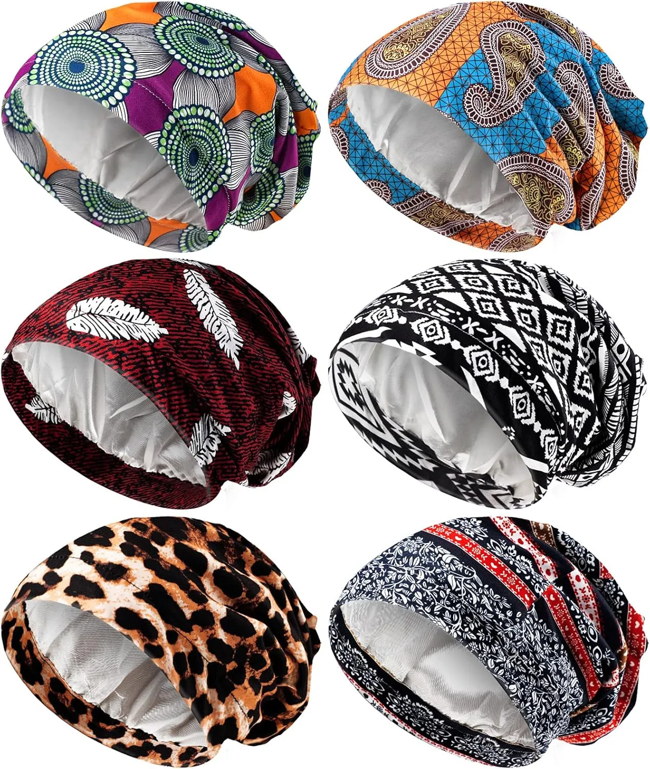 Sintege 6 Pcs Satin Lined Bonnet Sleep Cap for Women Men African Silk Soft Beanie Hair Sleep Wrap for Natural Curly Braids