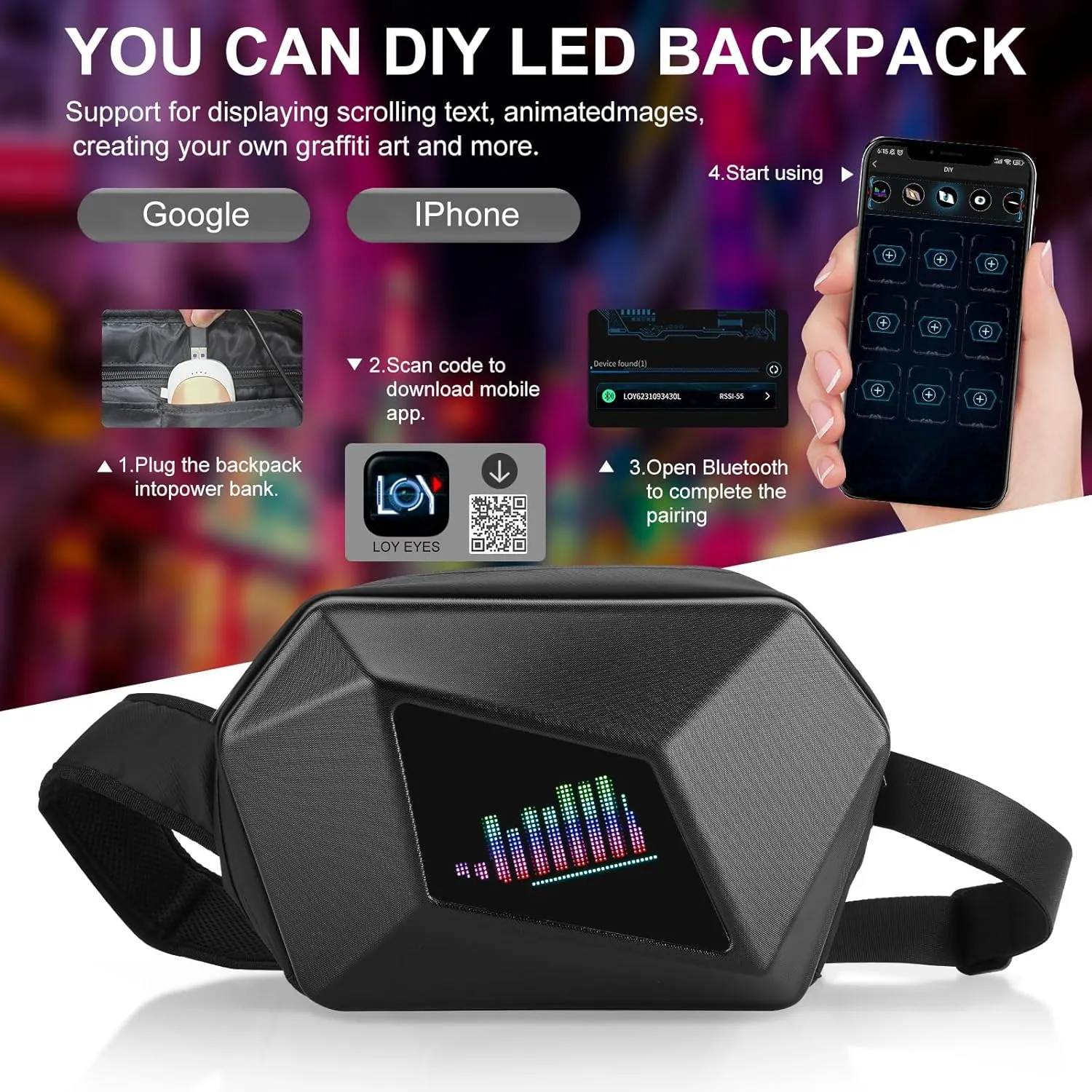 Sling Bag with LED Display, Cycling Travel Daypack, LED Sling Bag, LED Backpack, Men's and Women's Chest Waterproof Crossbody Bag
