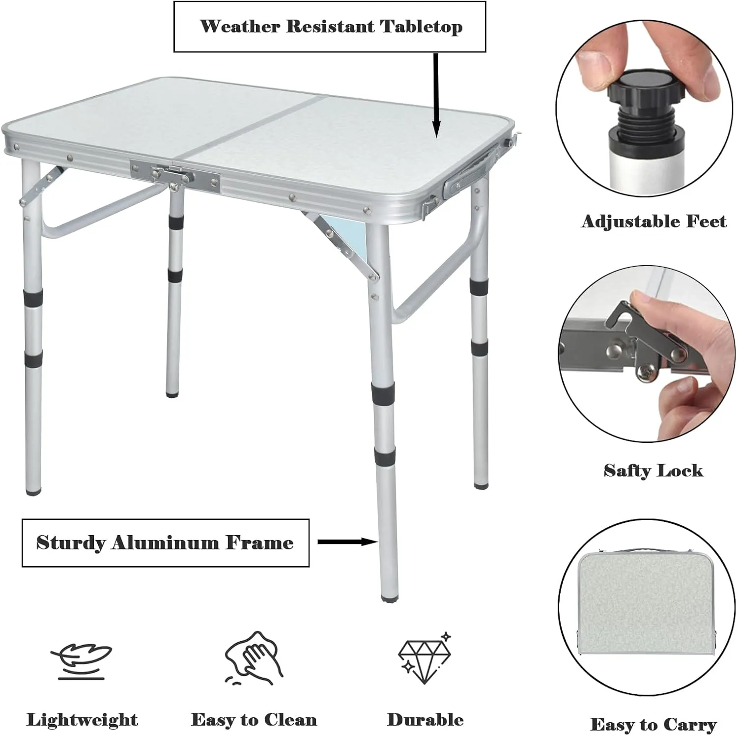 Small Folding Camping Table, 2ft Portable Picnic Table Aluminum 24" x 16" Folding Table, 3 Adjustable Heights Portable Lightweight Table Dining Table for RV, Picnic, Beach (White)