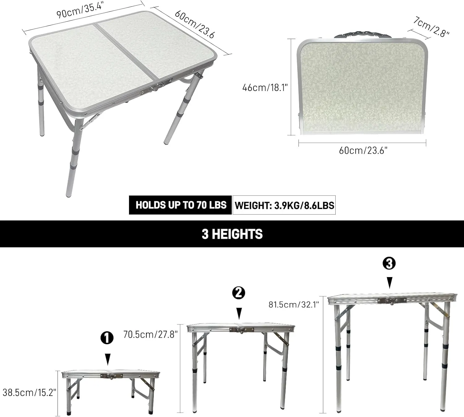 Small Folding Camping Table, Aluminum 3FT Adjustable Height Portable Table, Lightweight Compact Fold Up Table for Indoor Outdoor Camp Picnic, Beach, BBQ, Garden, Dining, Cooking, Party, RV