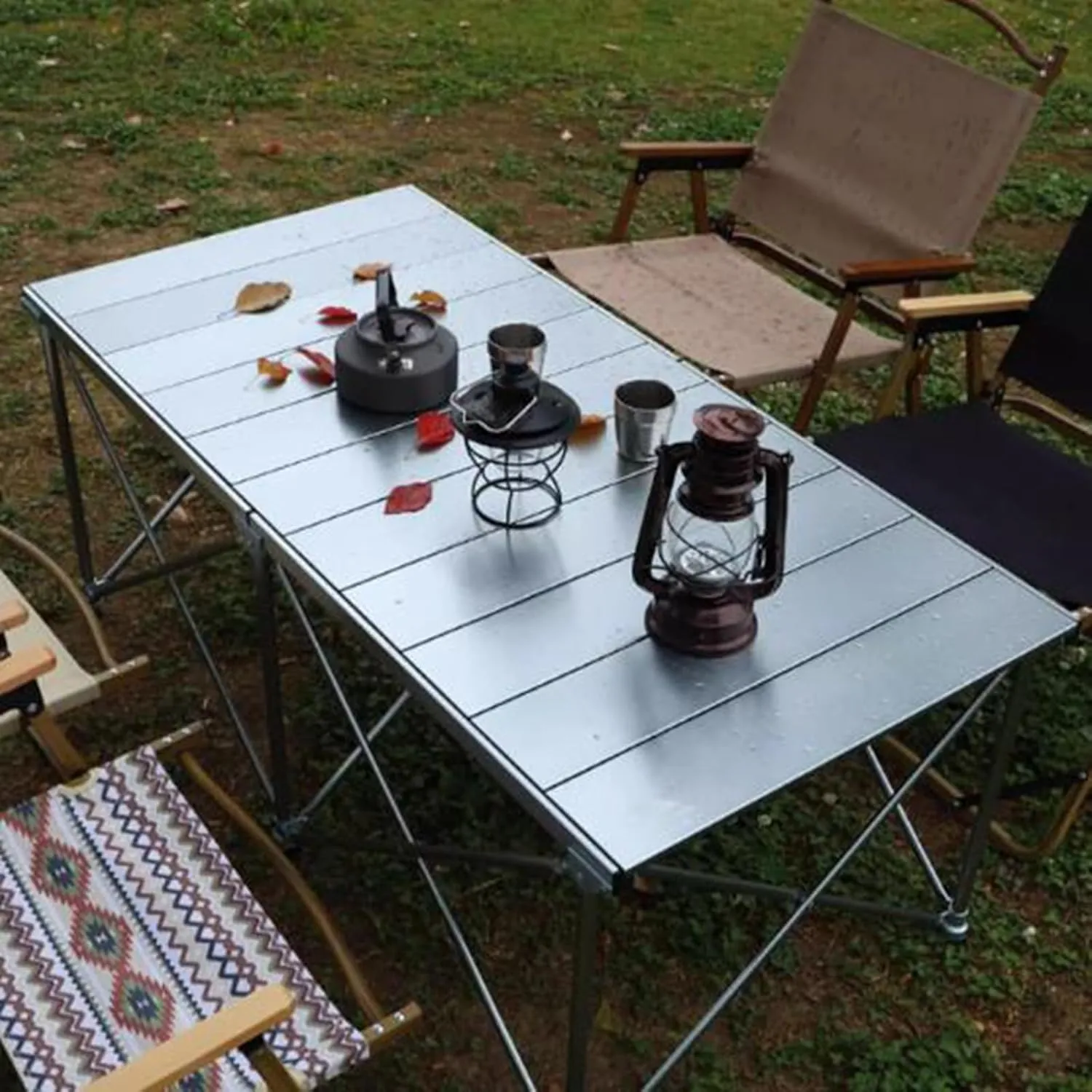 SOBOUR Lightweight Camping Table Portable Picnic Table Aluminum Folding Camping Table Roll Up Desktop for Outdoor Camping Hiking, Silver