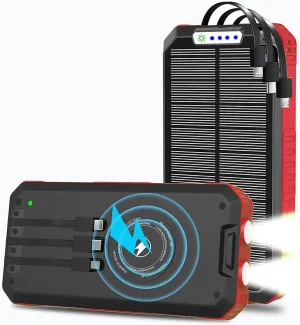 Solar Charger Power Bank 30000mAh OIMYE Wireless Solar Power Bank, USB C Fast Charging Bank, Solar Phone Charger with 3 Cables & LED Flashlights, for iPhone, Android, Tablet and Outdoor Camping